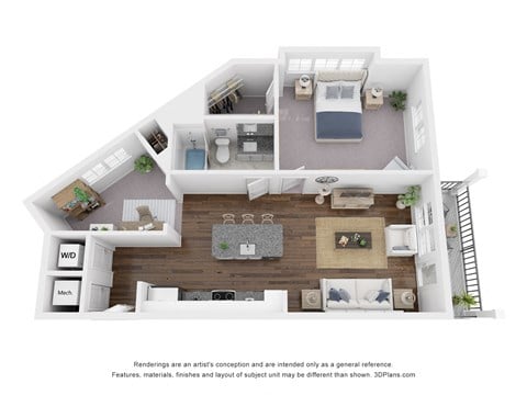 Floor plan for 1 bed, 1 bath, 922 sqft